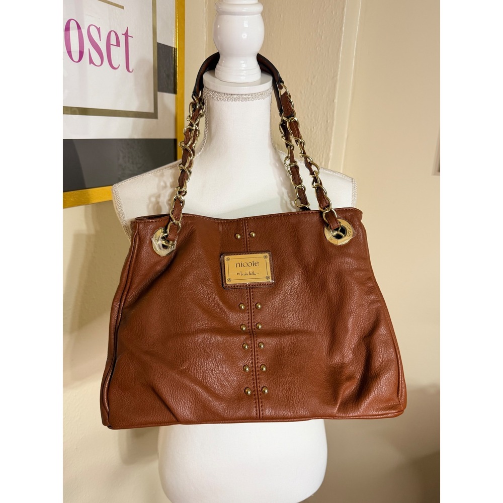 Nicole‎ by Nicole Miller Cognac Brown Pebbled Vegan Leather Chain Shoulder Bag